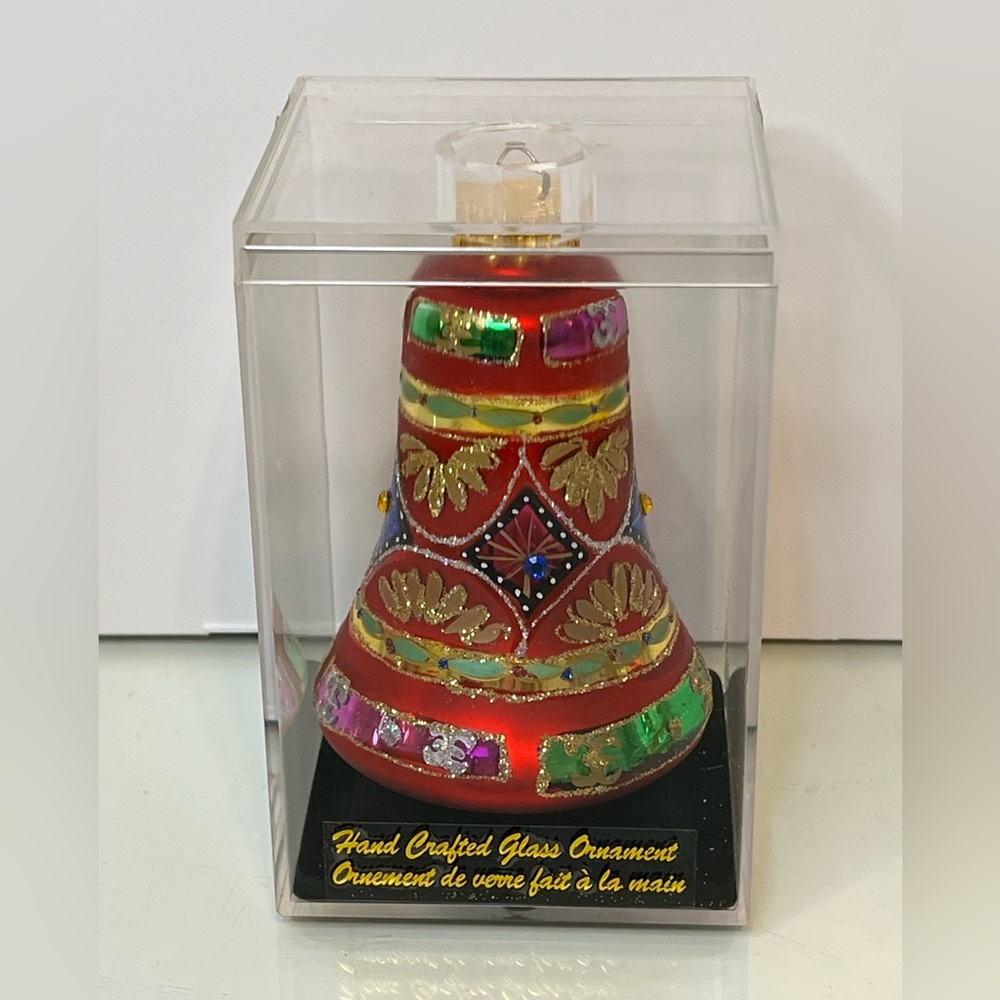 Glass CHRISTMAS ORNAMENT Red Bell Hand Decorated Ornate Large 4”Danson
